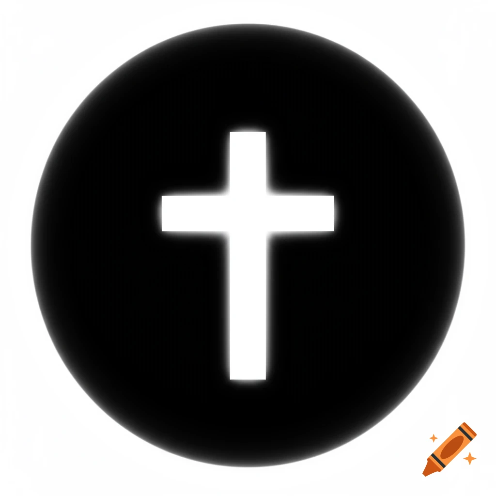 A glowing white Christian cross centered within a black circular background.