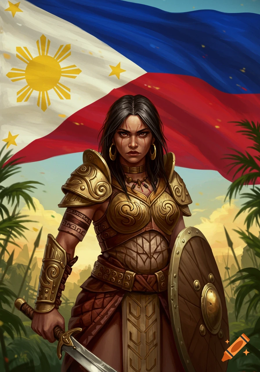 A fierce Filipina warrior in golden tribal armor, holding a sword and shield, stands proudly before a waving Philippine flag.