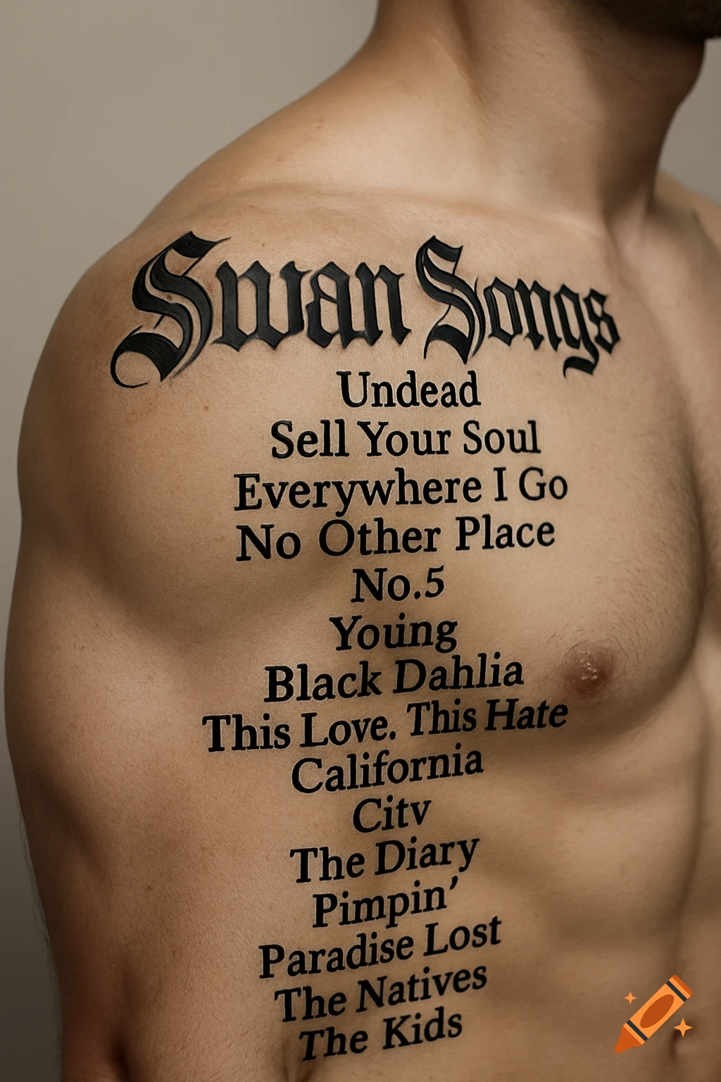 Close-up of a male shoulder and chest with a black tattoo featuring "Swan Songs" in gothic font and a list of song titles below it.