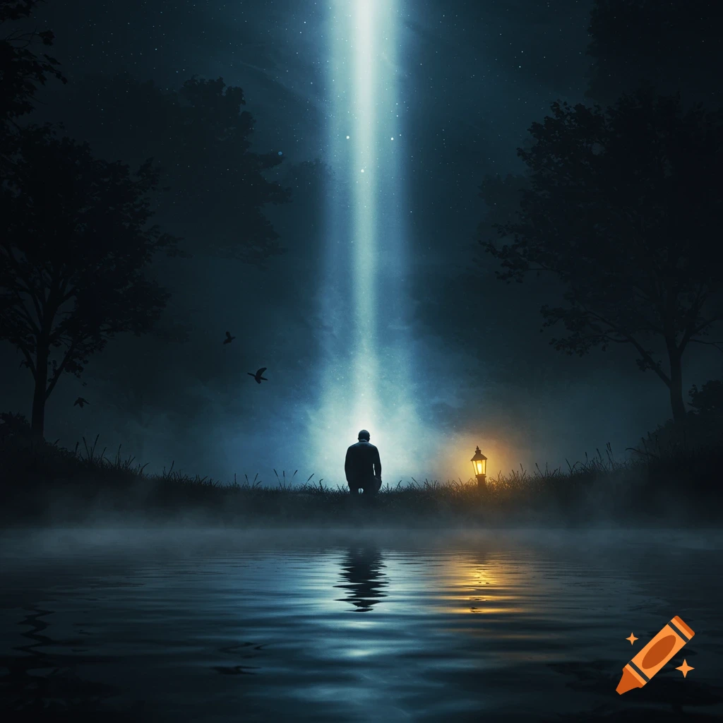 A solitary figure in a dark, misty forest kneels beside reflective water, illuminated by a bright ethereal light beam from the sky, with a glowing lantern.