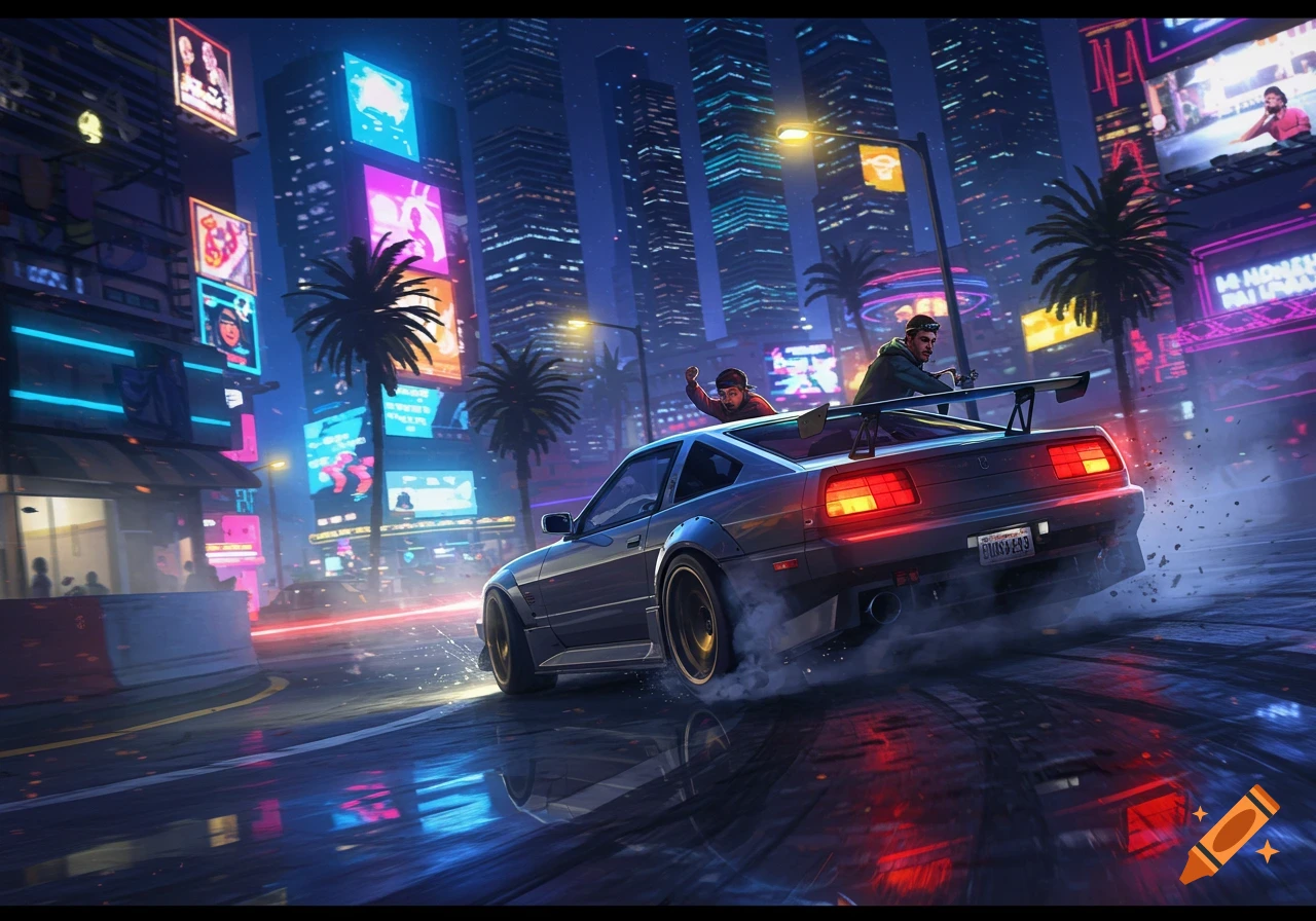 A silver sports car drifts through a neon-lit city street at night, with two people riding on its back, in a vibrant, stylized art style.