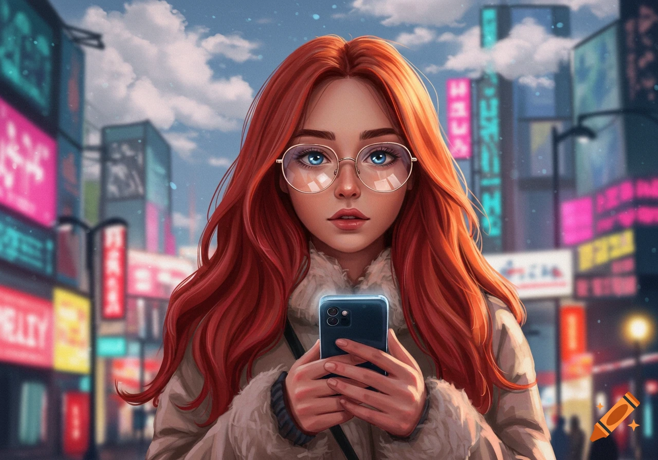 A red-haired girl with glasses holds a smartphone in a vibrant, neon-lit city street at dusk, in an anime art style.