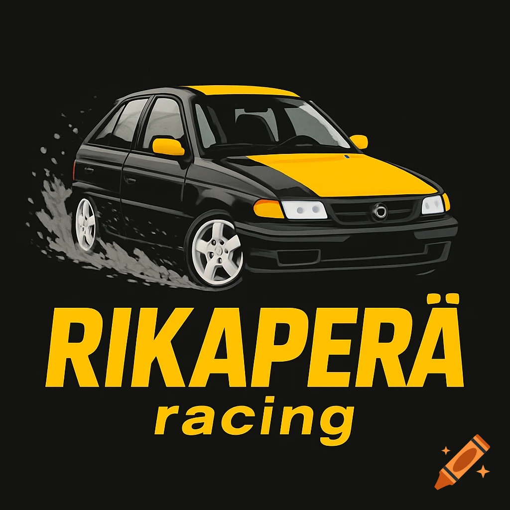 Animated style logo featuring a black and yellow car drifting above the yellow text 'RIKAPERÄ racing' on a black background.