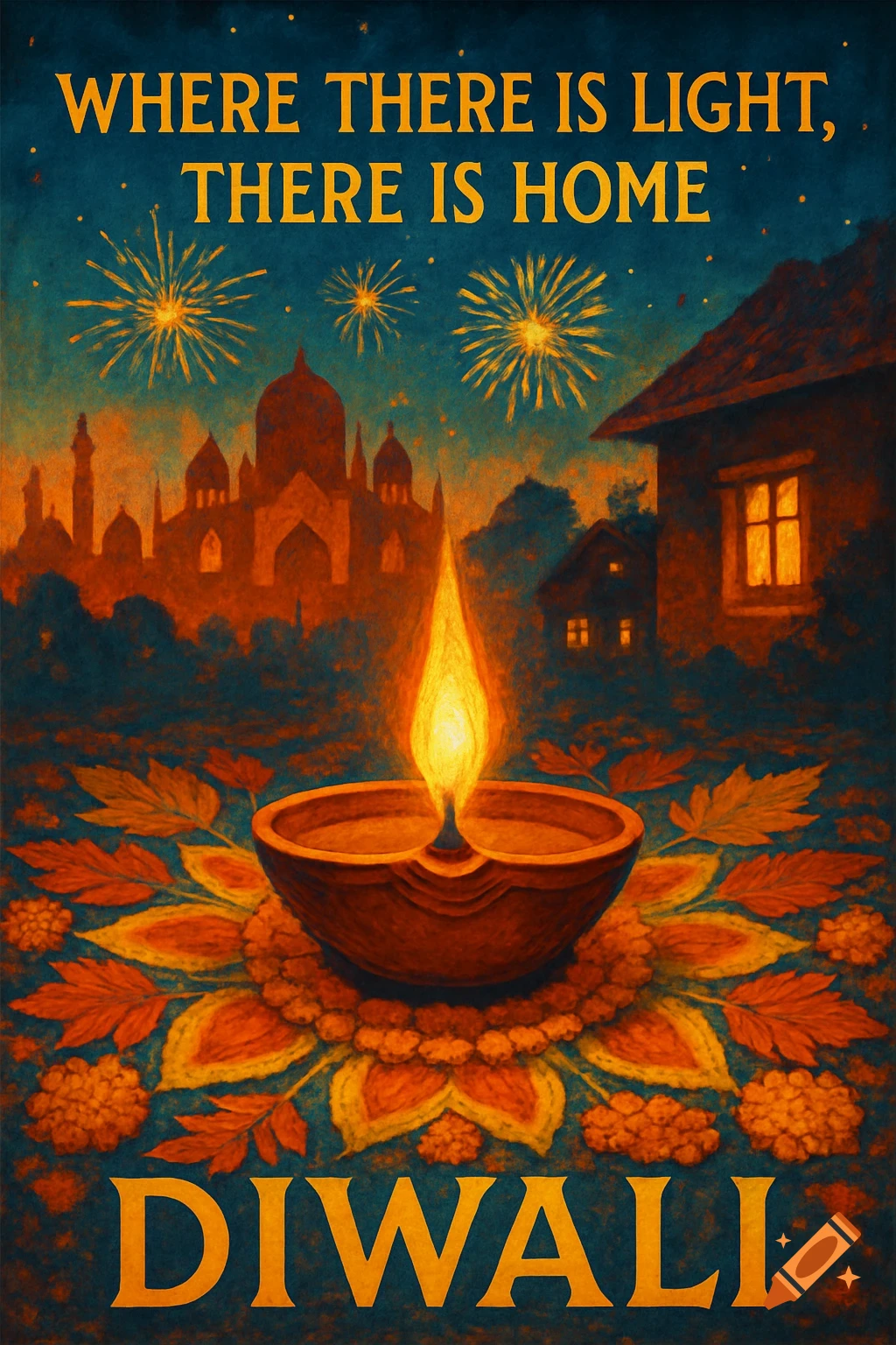 A colorful Diwali poster depicting a glowing oil lamp on a rangoli pattern, with fireworks over a city and houses, and the text "WHERE THERE IS LIGHT, THERE IS HOME" and "DIWALI".