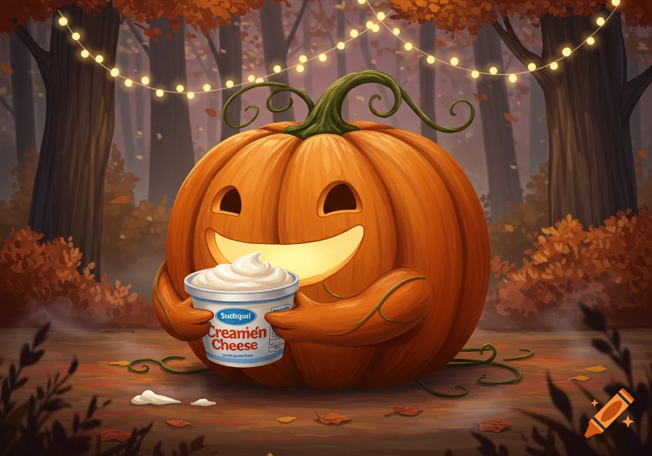 A cartoon jack-o'-lantern pumpkin glowing and smiling in an autumn forest, holding a tub of cream cheese.