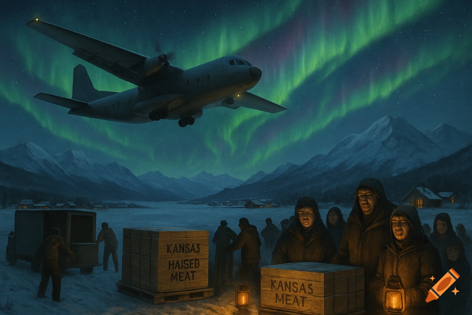 An airplane flies under the aurora borealis over a snowy, mountainous landscape where people unload "Kansas Meat" cargo from a truck at night.