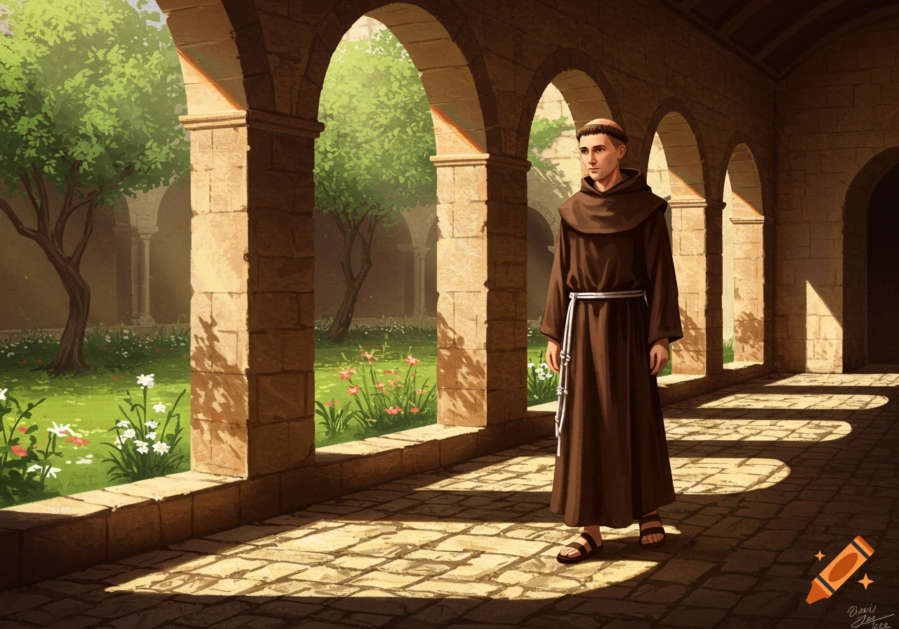 A young monk in a brown habit stands in a sunlit cloister, looking out at a lush garden with trees and flowers.