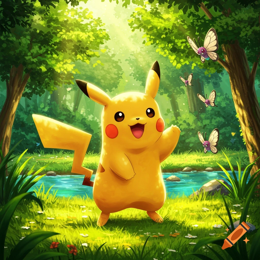 Pikachu waves in a vibrant, sunny forest with a stream and butterflies, in a cartoon illustration style.