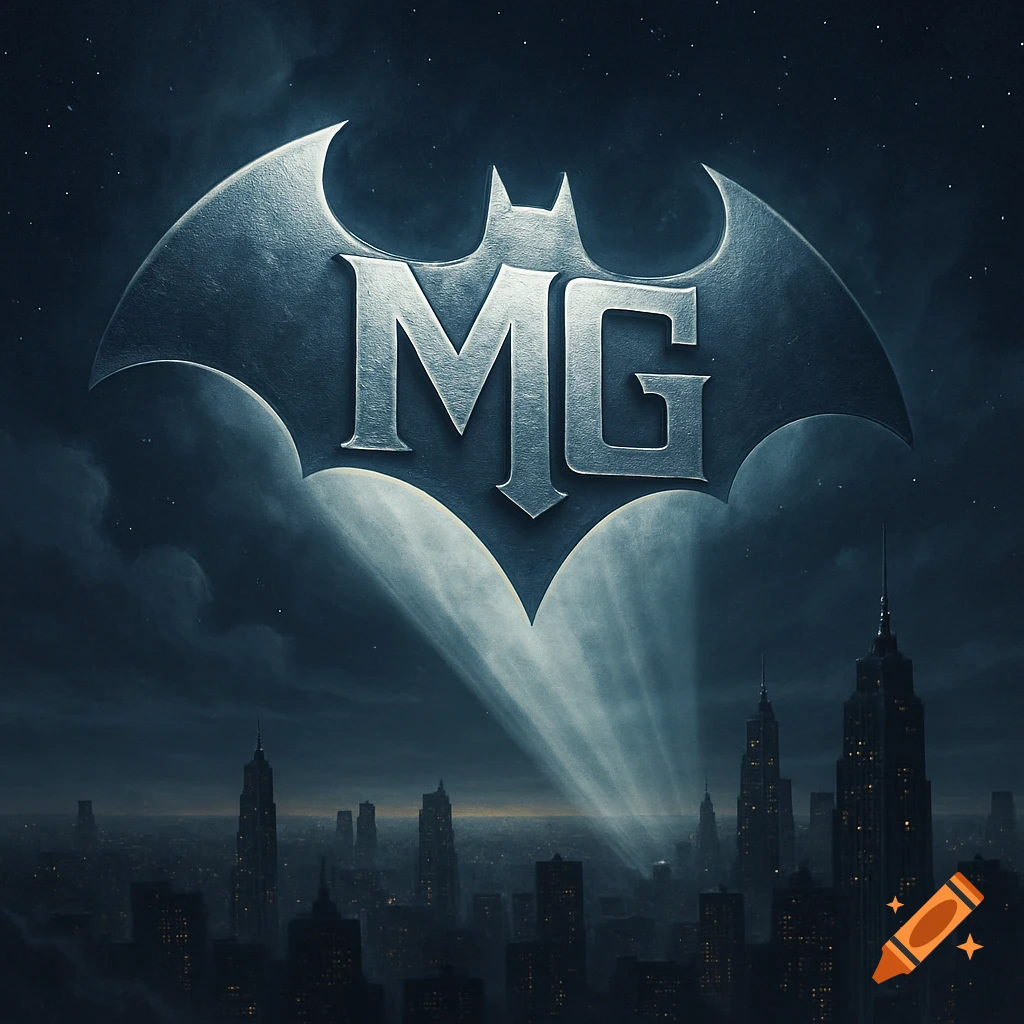 A cinematic bat signal with 'MG' in its center shines into a cloudy night sky above a dark city.