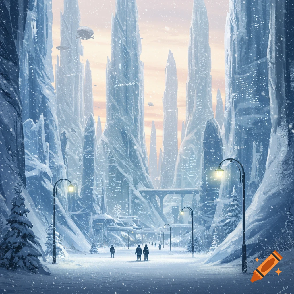 A digital painting of a fantastical, futuristic city covered in ice and snow, with tall crystalline buildings and people on a snowy path.