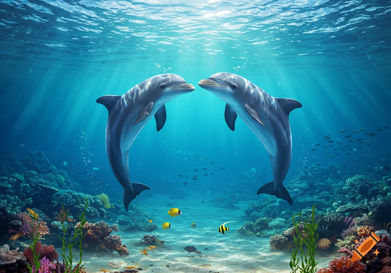 Two dolphins nose-to-nose in a vibrant underwater coral reef scene with light rays from the surface.