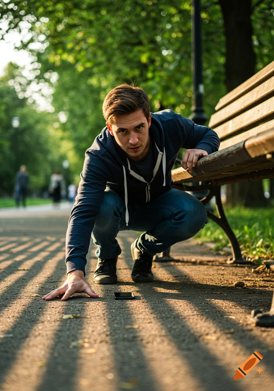 A young man crouches on a path in a park, reaching for a phone on the ground near a wooden bench, with dappled sunlight creating shadows.