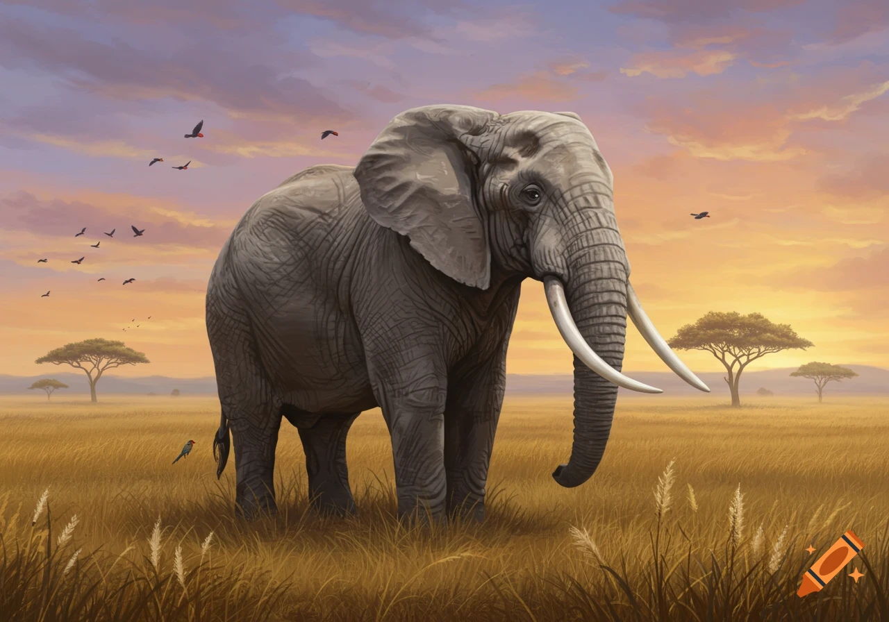 A large elephant stands in a golden savanna at sunset, with acacia trees and birds flying in the background, illustrated.