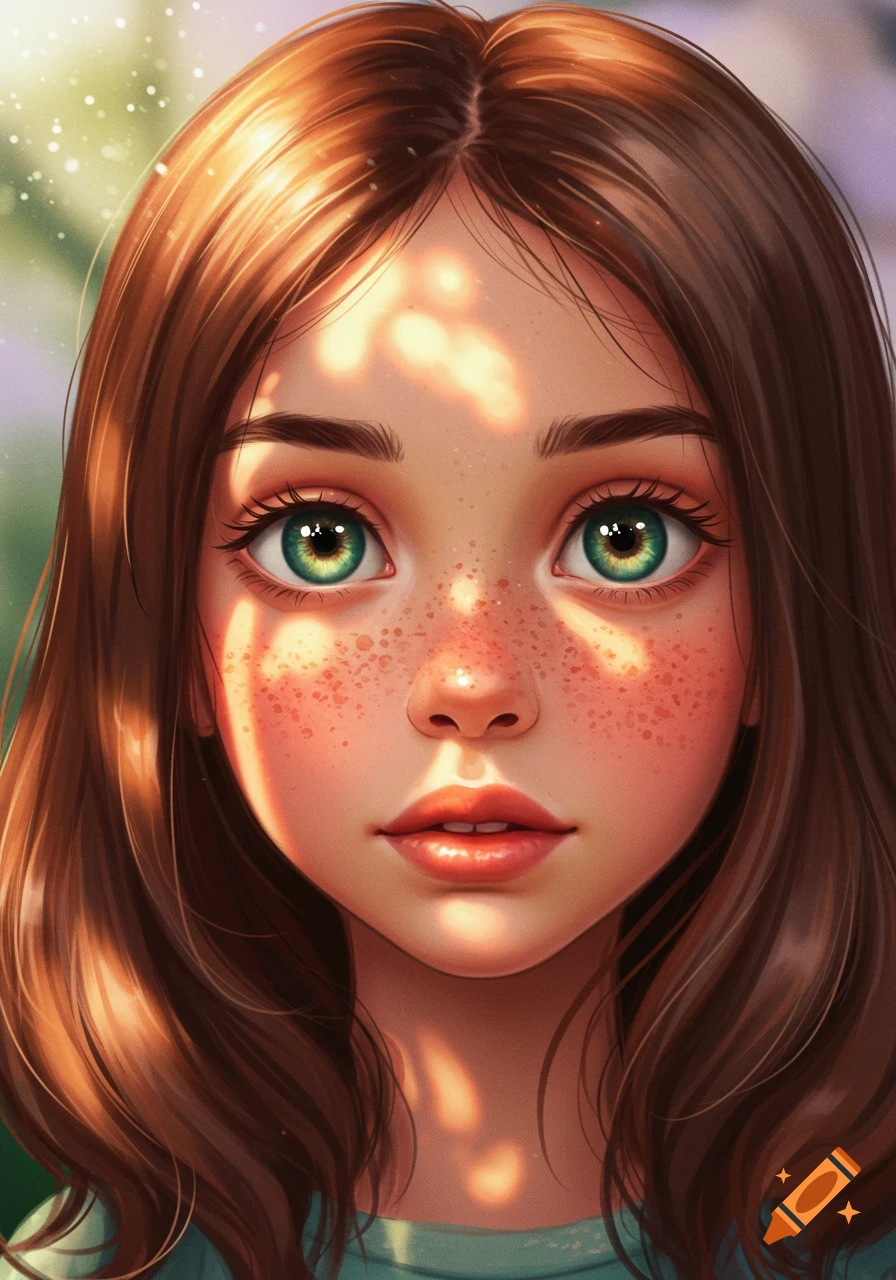 Close-up digital painting of a young girl with brown hair, bright green eyes, and freckles, dappled with sunlight.