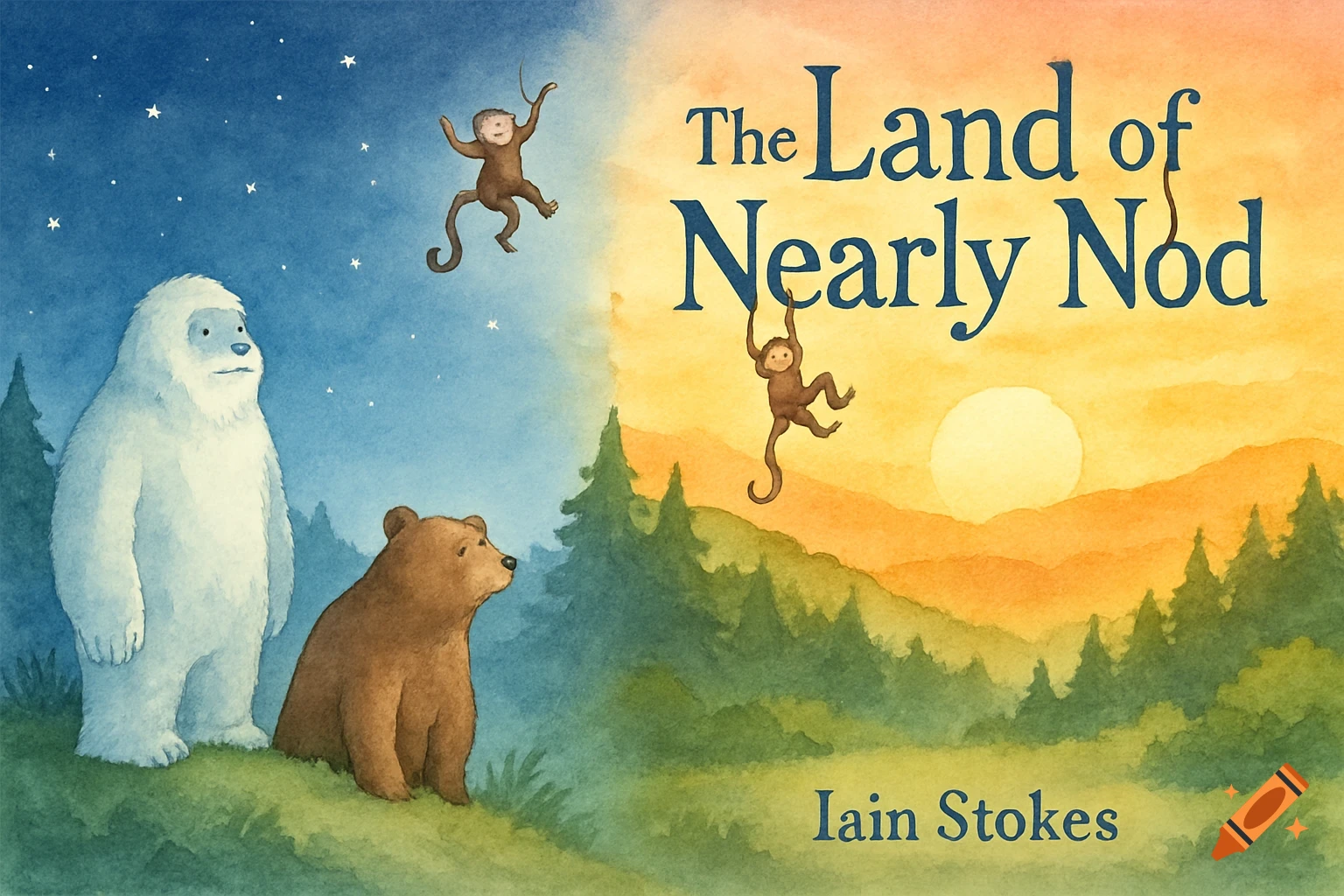 Watercolor children's book cover 'The Land of Nearly Nod' with a yeti, bear, and monkeys in a split day/night landscape.