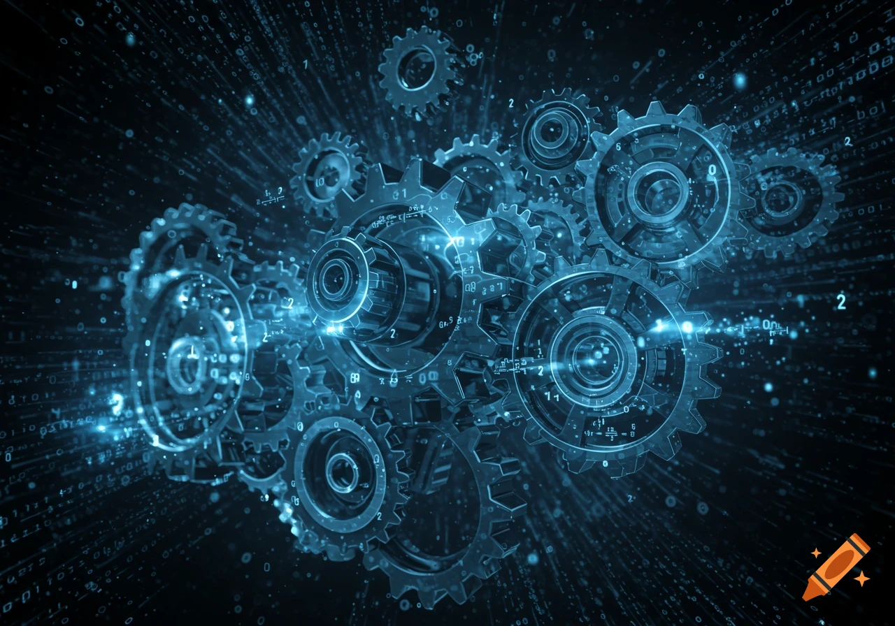 Glowing blue gears with digital data and light trails on a dark background, illustrating technology and systems.