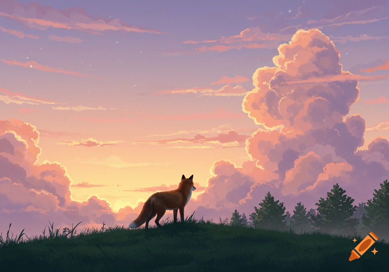 An illustrated red fox stands on a grassy hill, silhouetted against a vibrant purple and orange sunset sky with large clouds and distant trees.