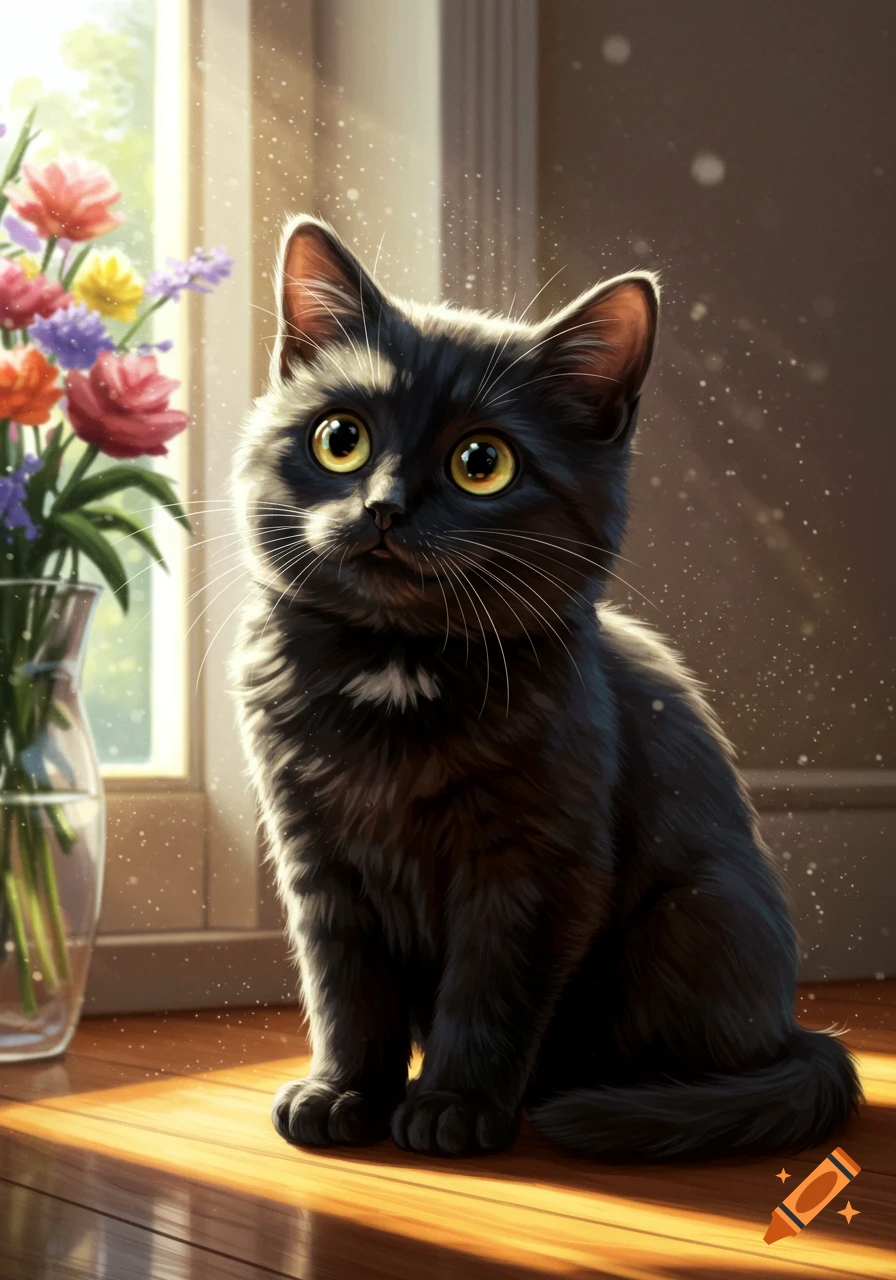 A cute black kitten with large yellow eyes sits in a sunbeam by a window with flowers.