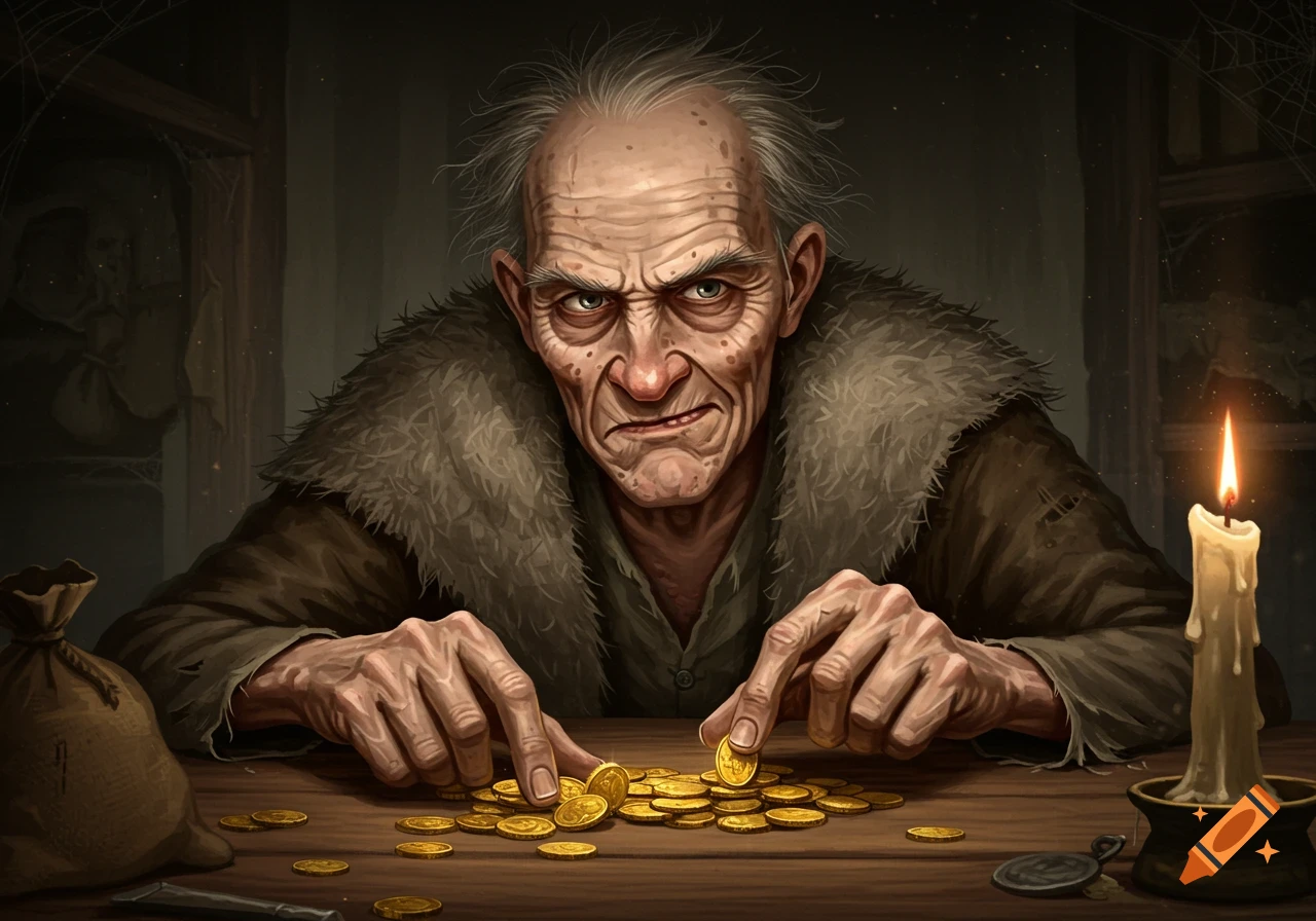 An illustration of a grim-faced old miser with white hair, counting golden coins on a wooden table by candlelight.