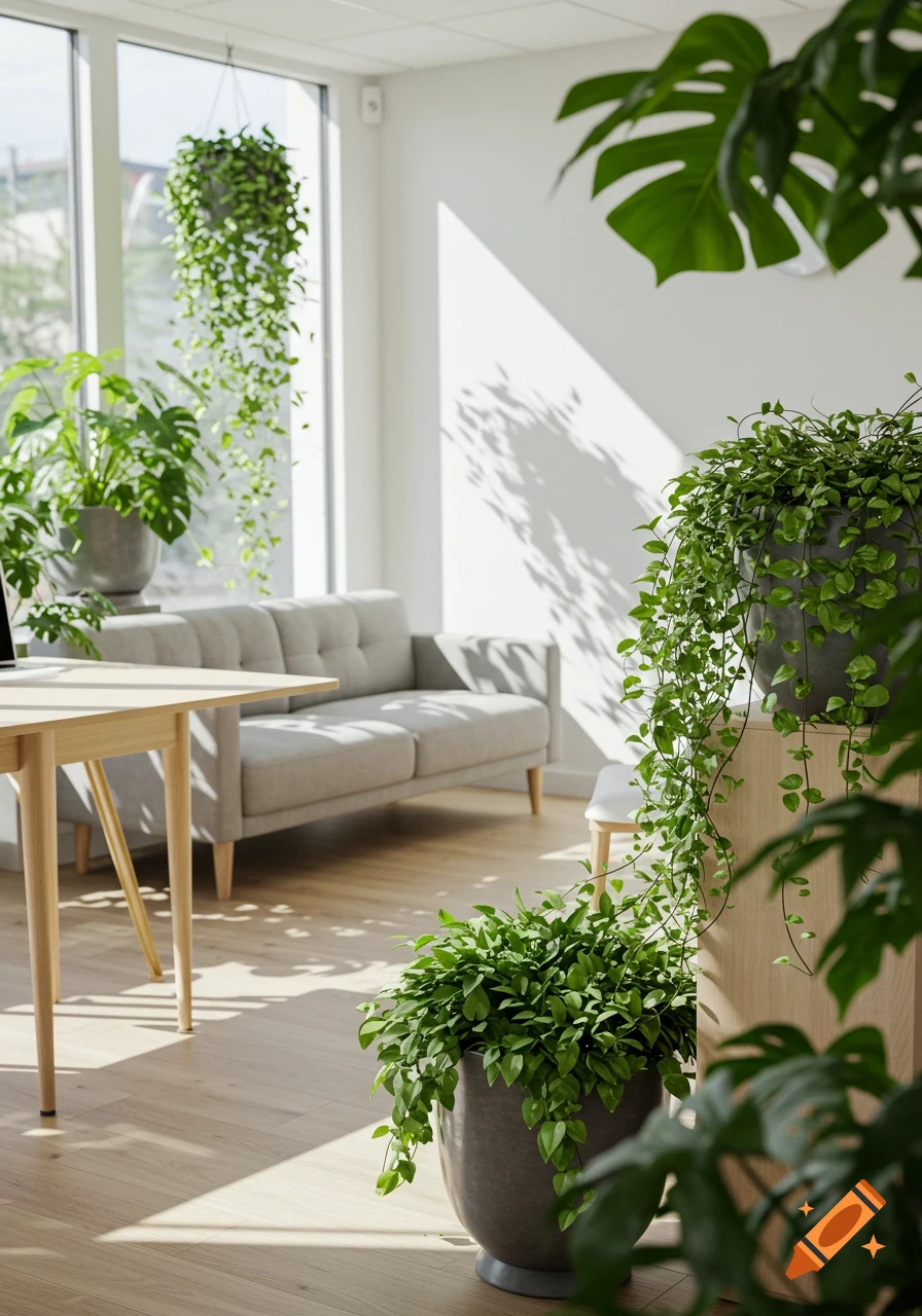 A bright, modern room filled with diverse green potted plants, a light gray sofa, and a wooden table, illuminated by sunlight.