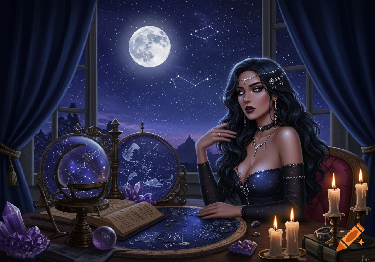 A dark-haired woman in a sparkly blue dress and elaborate jewelry sits at a table with astrological globes, crystals, and candles. A full moon and starry night sky are visible through a window behind her.