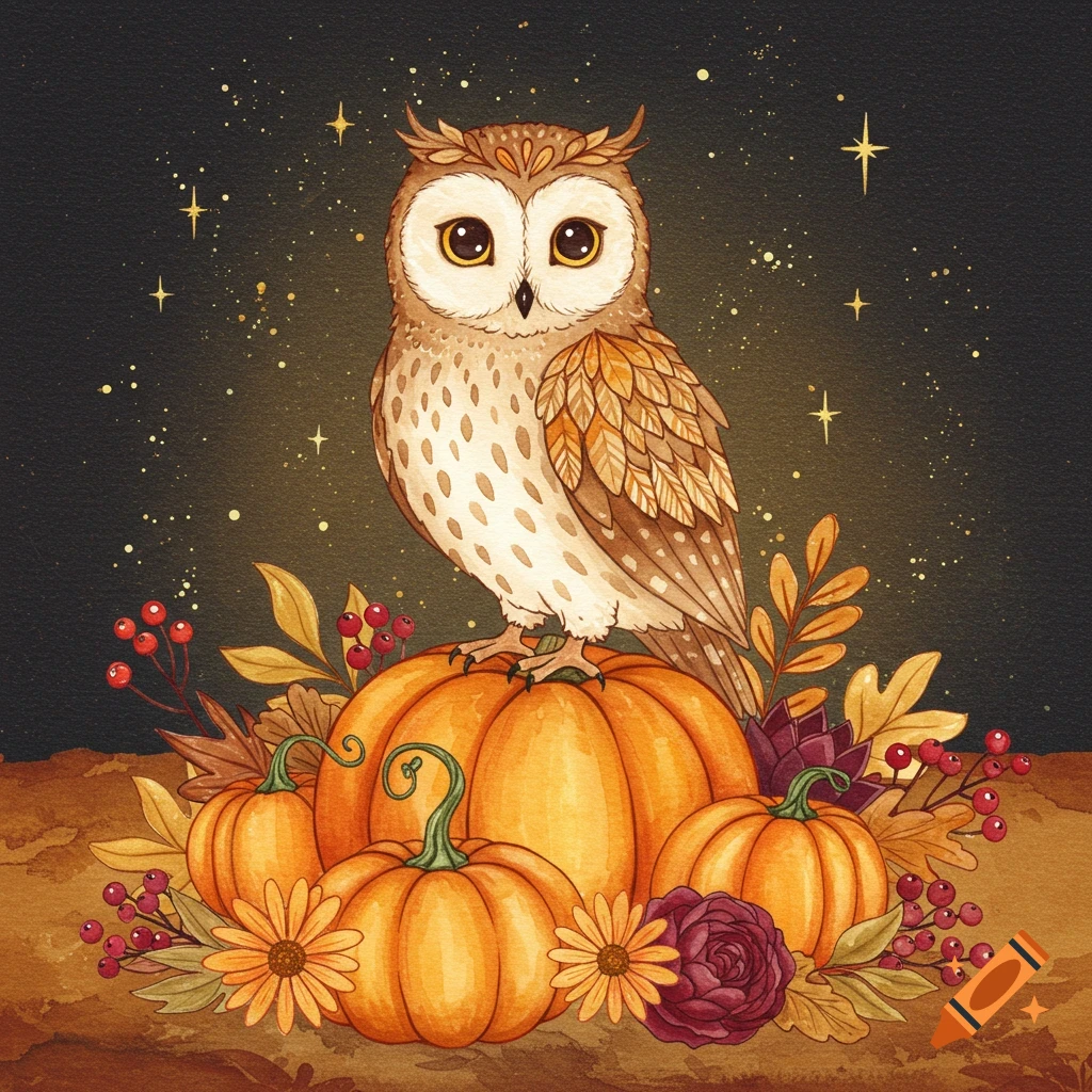 Watercolor illustration of a whimsical owl perched on pumpkins, surrounded by autumn foliage, berries, flowers, and stars.