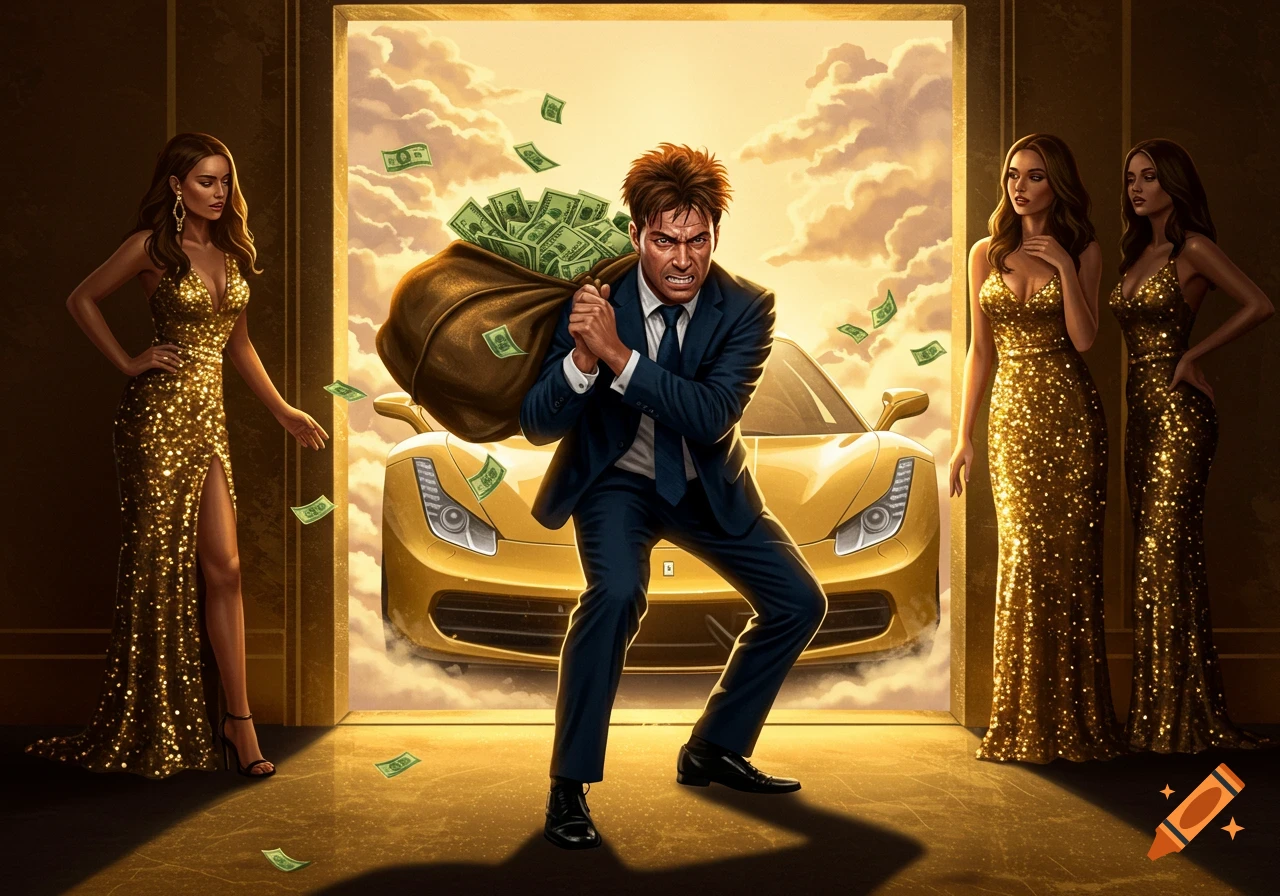 Stylized illustration of a man struggling with a money bag, cash flying. Glamorous women watch by a golden sports car.