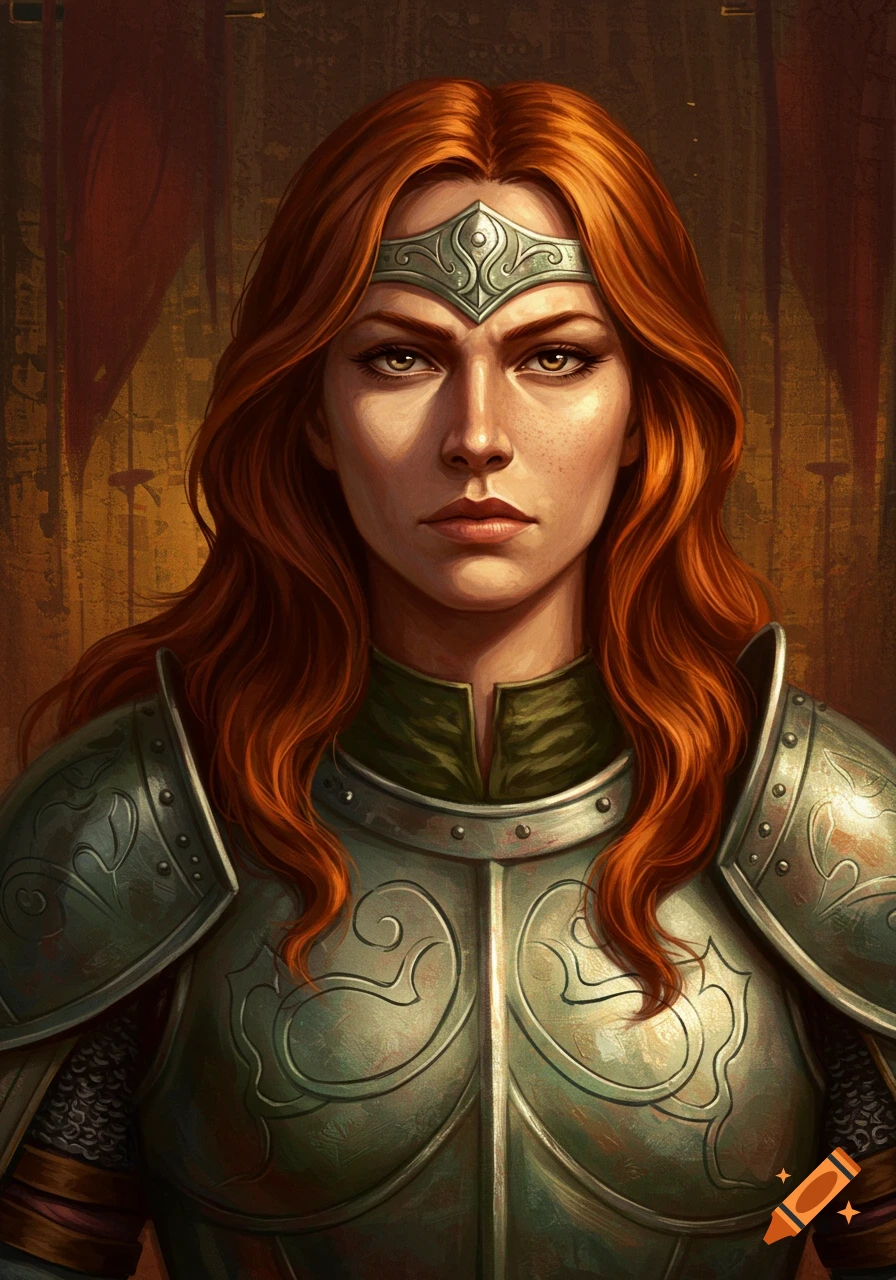 A stern red-haired female warrior in ornate armor and a headband, depicted in an oil paint style.