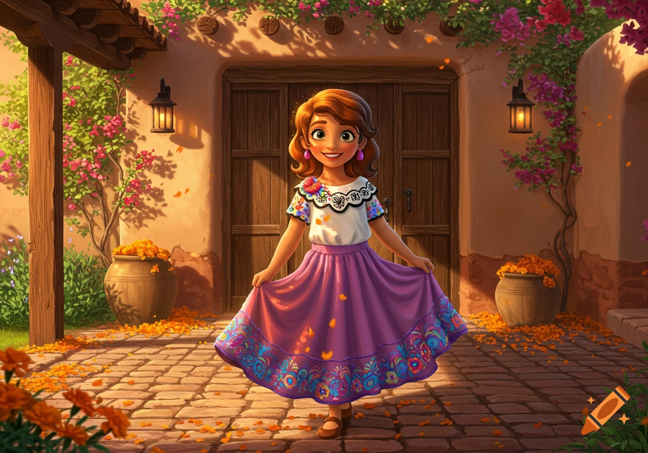 A smiling cartoon girl in a white embroidered top and purple skirt stands in a sunny courtyard with marigold petals and pink flowers.