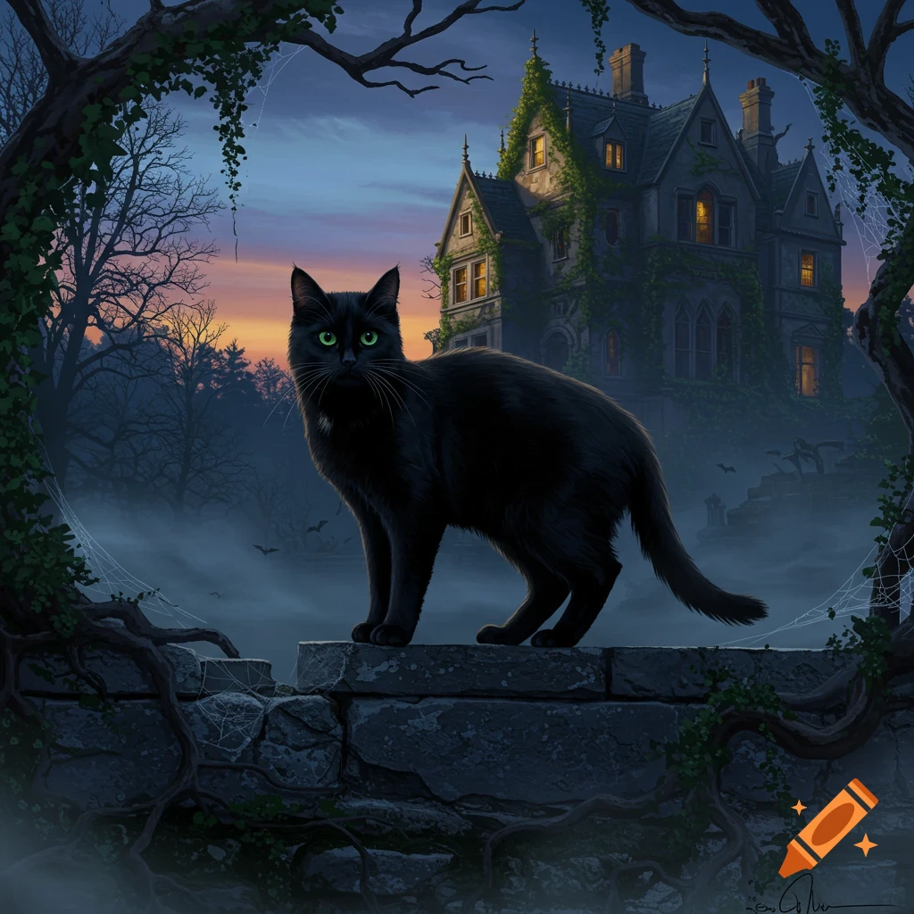 A black cat with glowing green eyes stands on a stone wall with spiderwebs, in front of a spooky, ivy-covered gothic mansion at dusk.