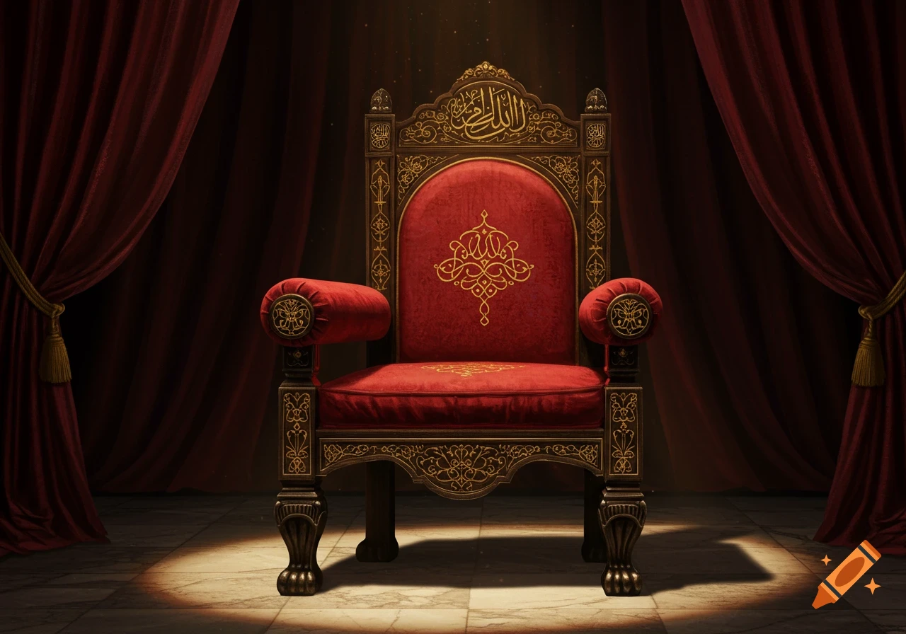 An ornate red and gold velvet throne stands on a marble floor, framed by dark red curtains, under a spotlight.
