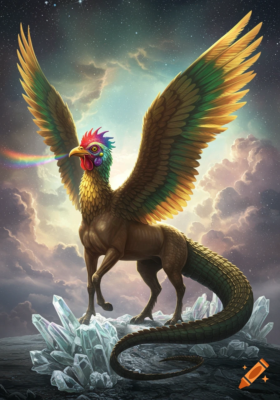 A fantasy creature with a colorful chicken head, eagle wings, horse legs, and alligator tail stands on crystals, emitting a rainbow.