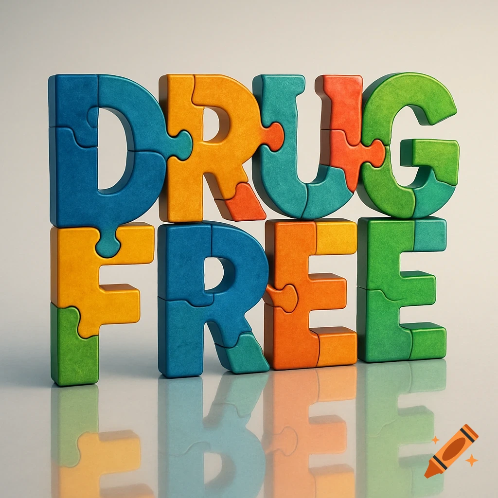 The words "DRUG FREE" are formed by colorful, stacked puzzle pieces with a reflective surface.