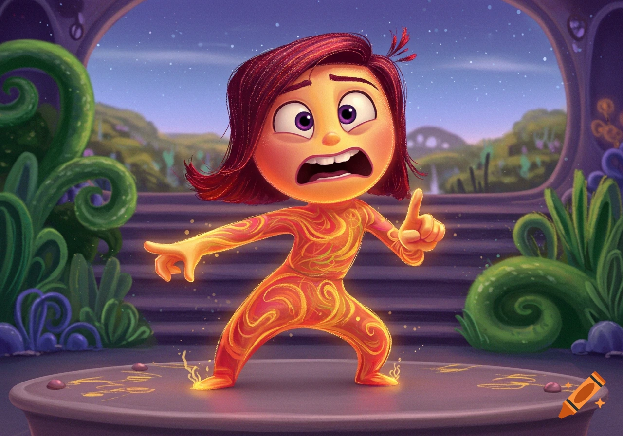 An anxious cartoon character with red hair, glowing orange with swirly patterns, stands on a platform in a fantastical landscape.