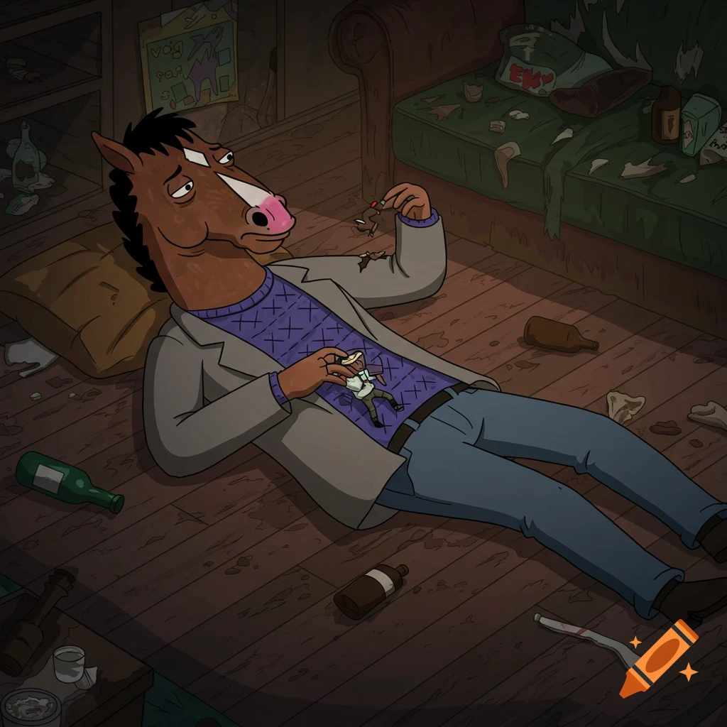 BoJack Horseman and a tiny person lie sadly on a dirty floor amidst empty bottles, in the style of the show.