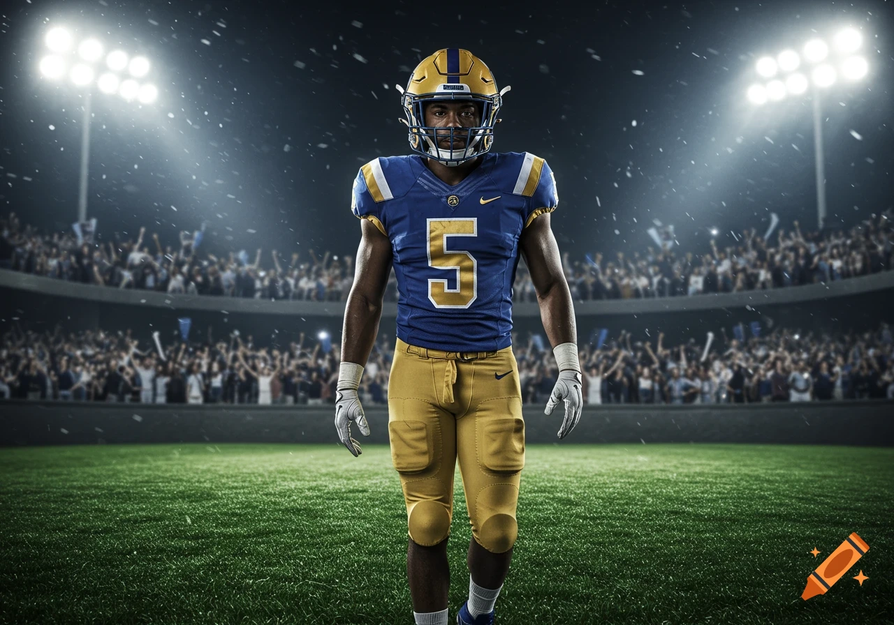 A photorealistic shot of a football player in a blue and gold jersey with number 5, standing on a field under stadium lights.