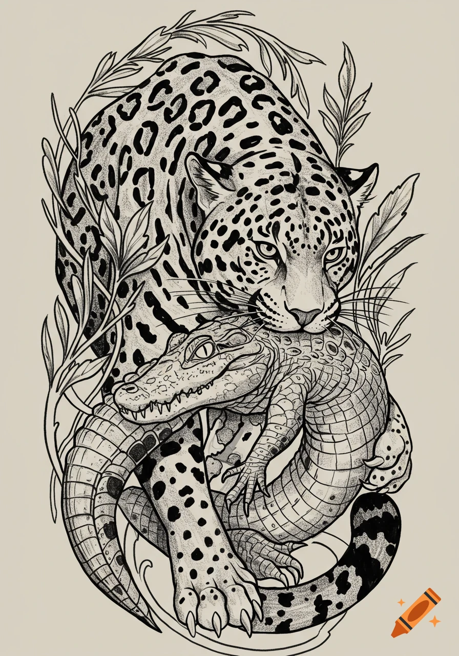 Black and white tattoo-style illustration of a jaguar holding a caiman in its mouth, surrounded by foliage.