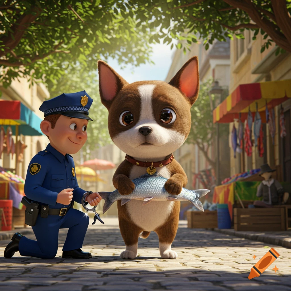 A cartoon police officer kneels, holding handcuffs, next to a cute dog holding a fish on a sunny market street.