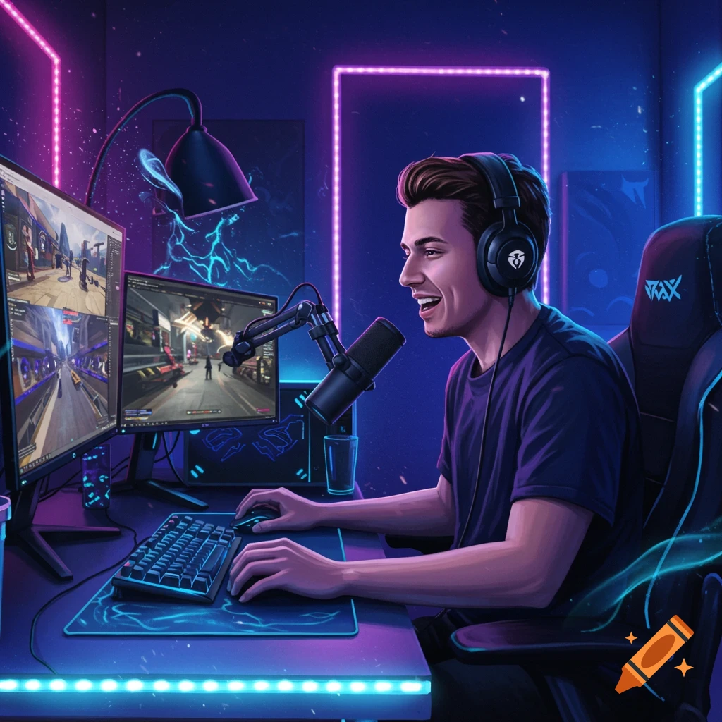 A male streamer smiles while playing video games in a neon-lit room with dual monitors, wearing headphones and using a microphone.