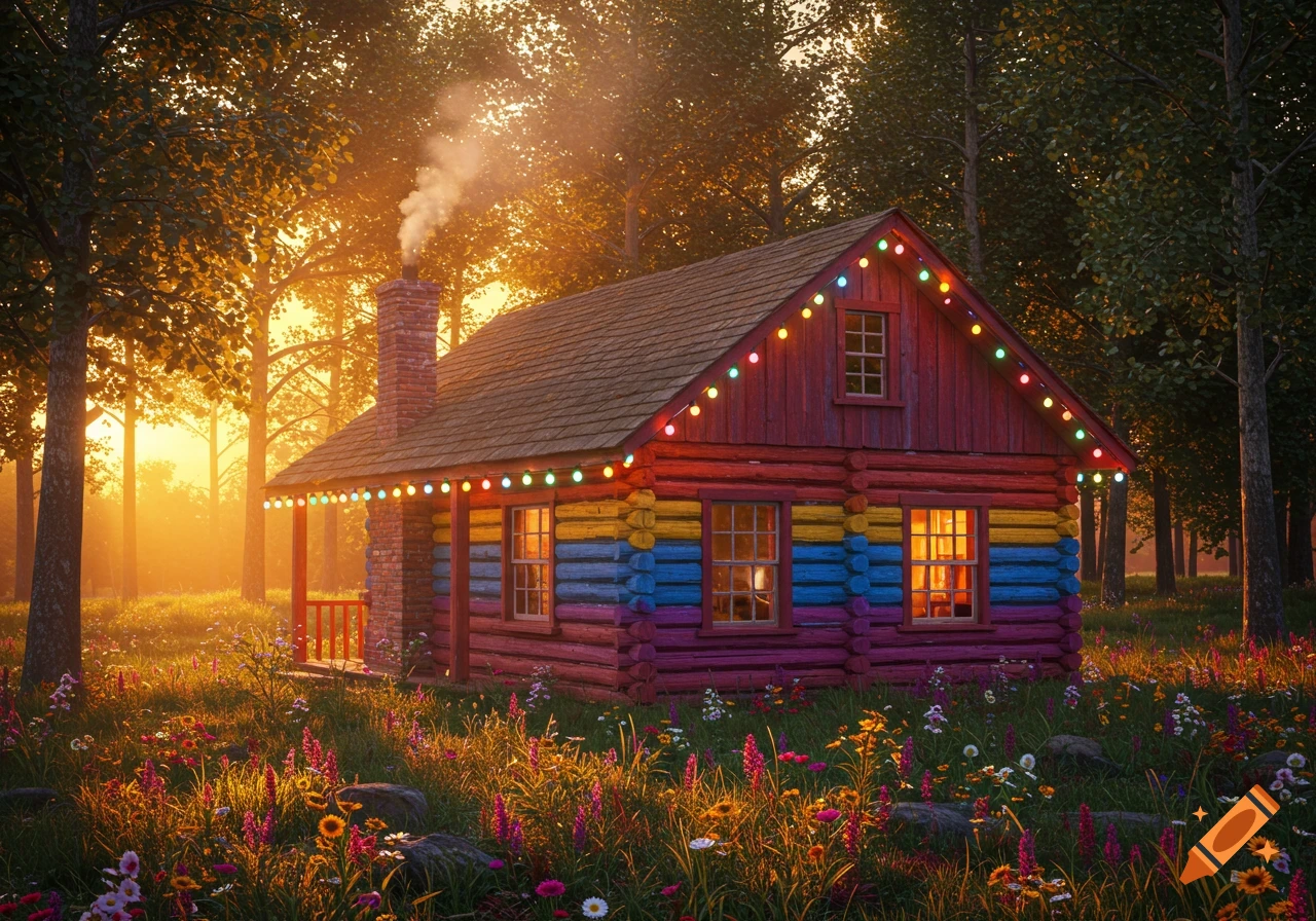 A vibrant log cabin decorated with string lights stands in a golden, flower-filled forest at sunset, with smoke from its chimney.