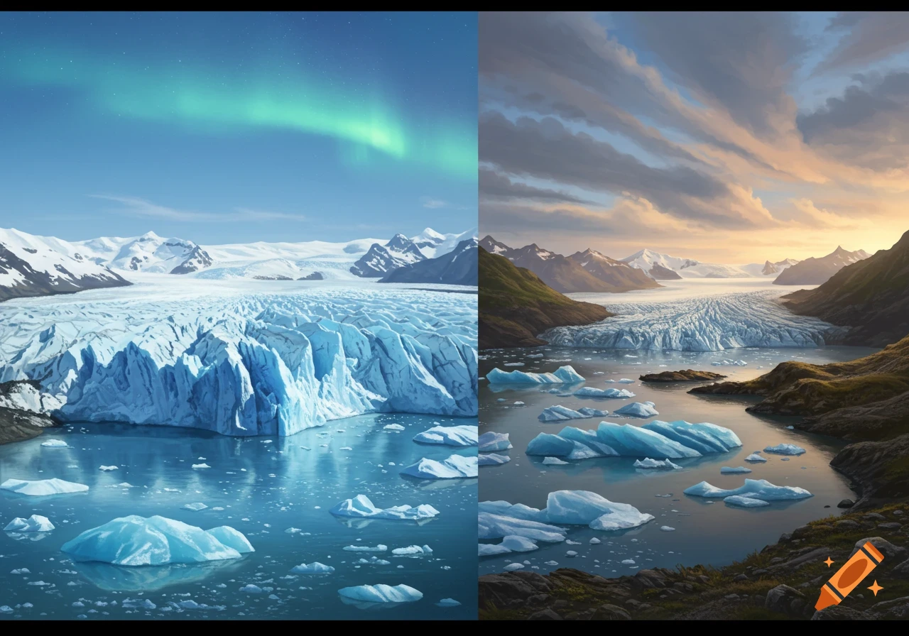 A split image shows a vast glacier and icebergs; the left side features an aurora, the right depicts a sunset with green hills.