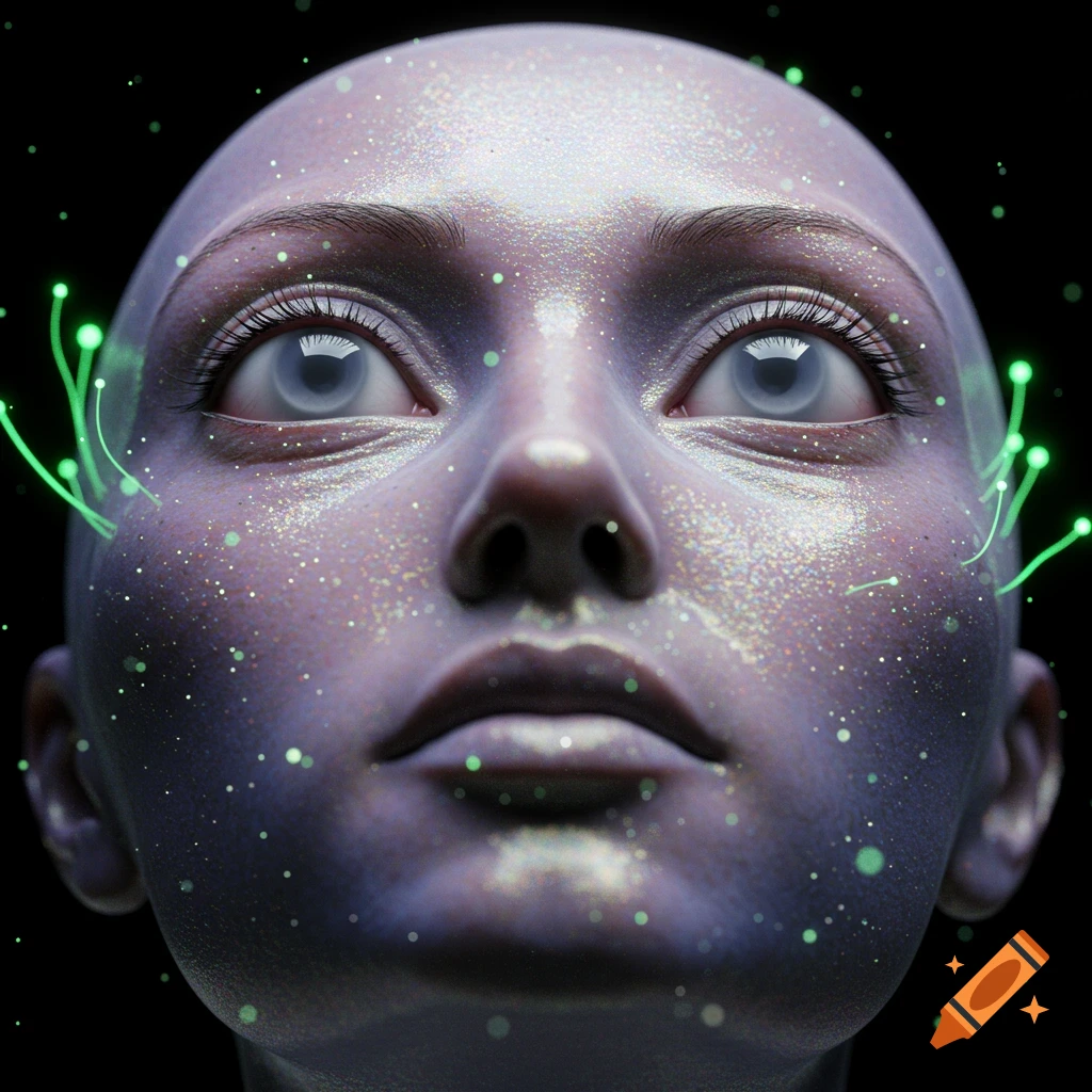 Close-up of a pale purple, glitter-covered, bald head with glowing green tendrils, looking up.