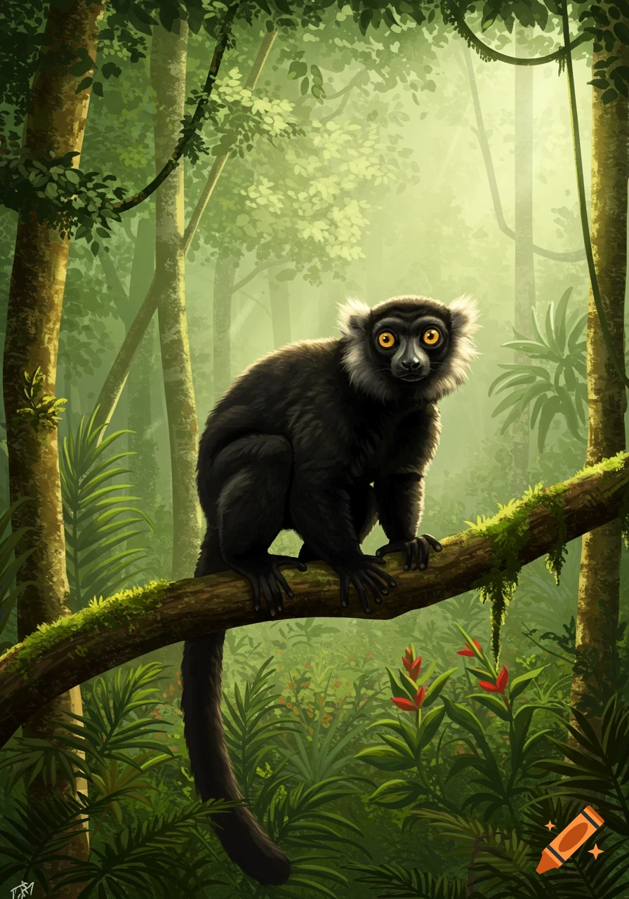 A black lemur with bright yellow eyes sits on a mossy branch in a sunlit, vibrant green jungle. Digital art.