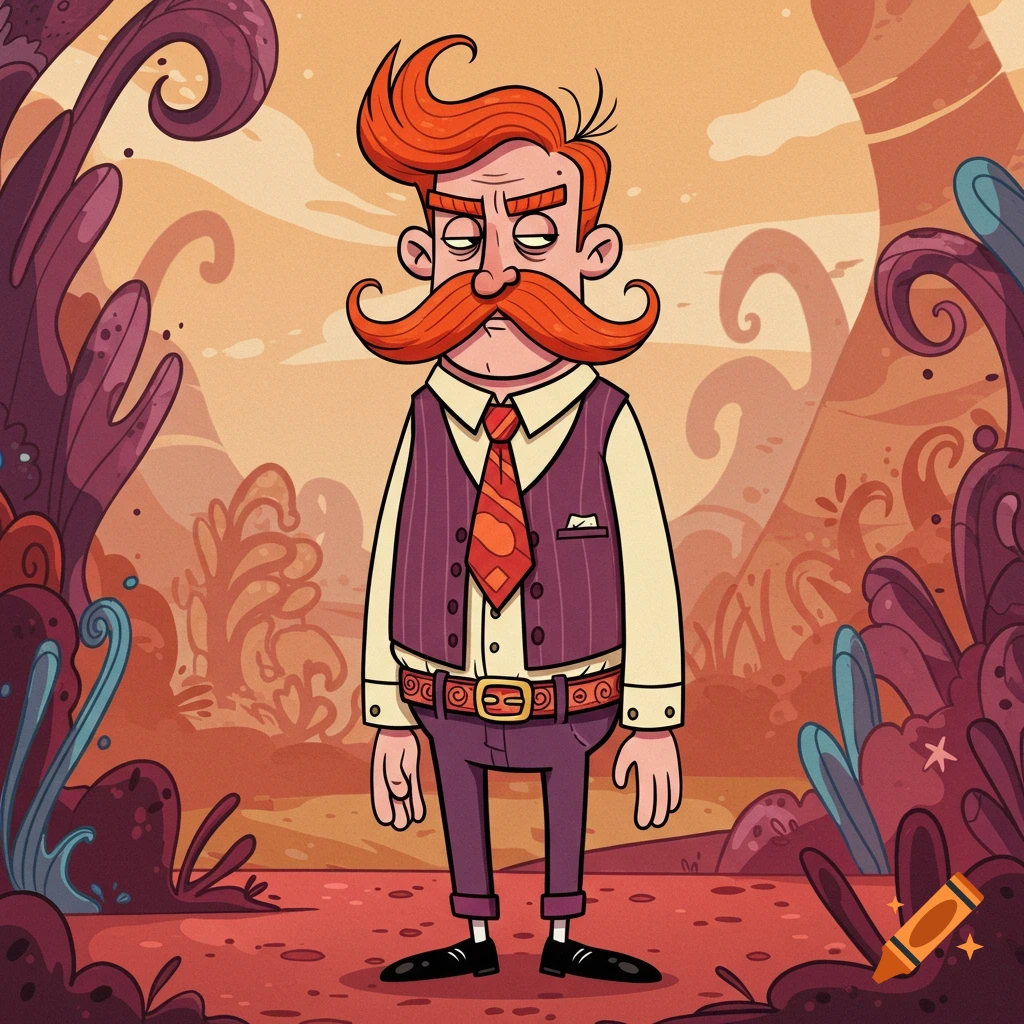 A cartoon man with red hair and a large orange mustache, wearing a vest and tie, stands in a stylized alien landscape.