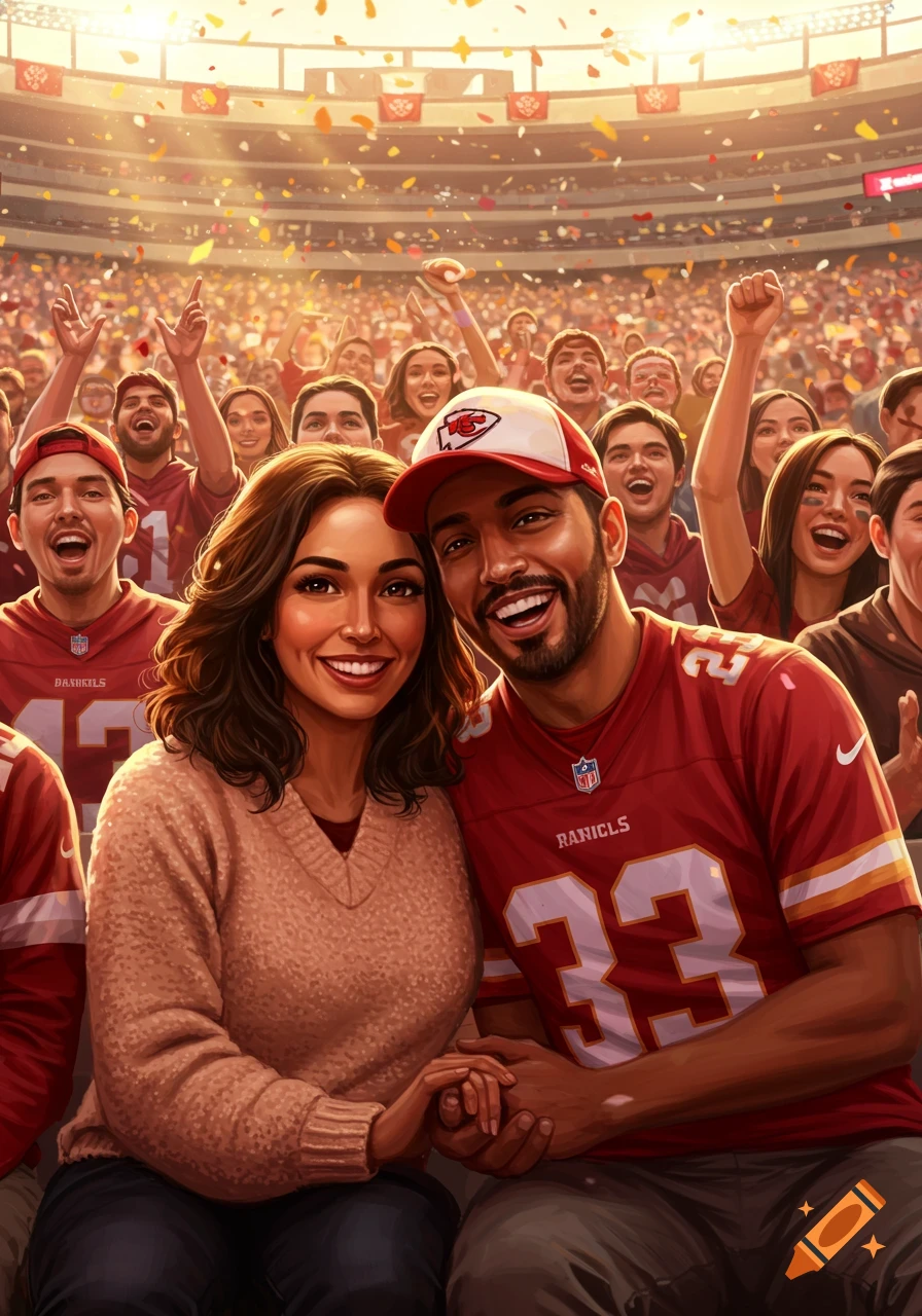 A smiling couple in red jerseys and a hat, holding hands at an American football game with a cheering crowd and confetti in the background.