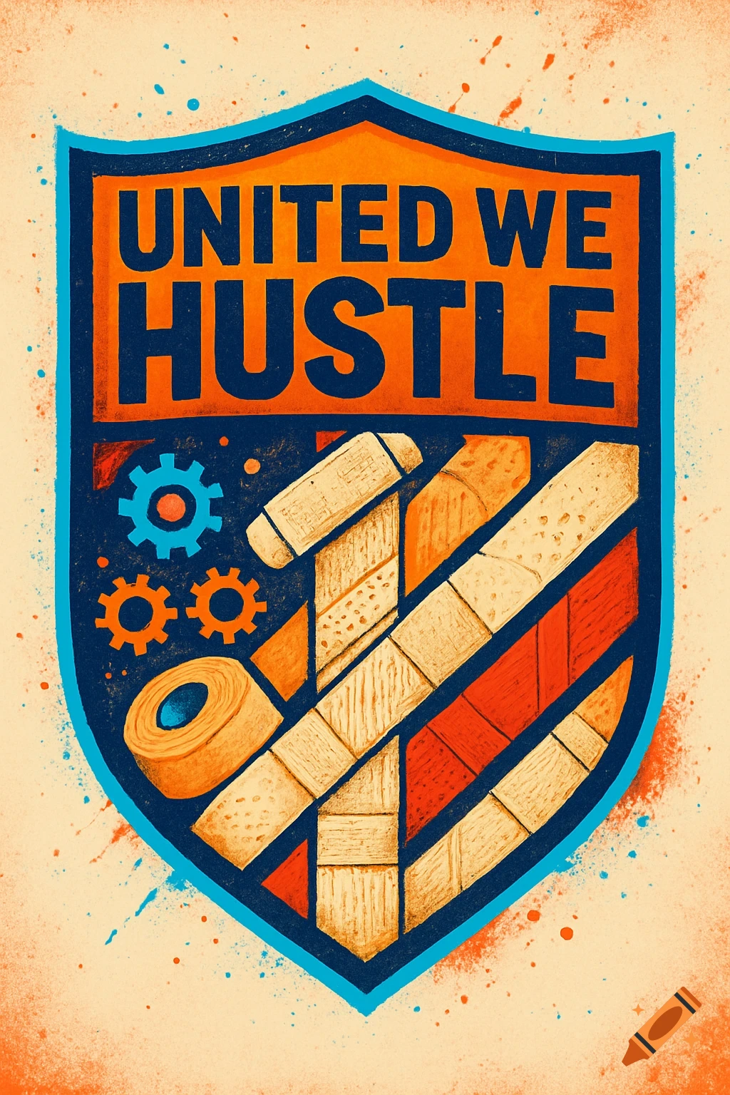 A shield logo in orange, blue, and beige with text 'UNITED WE HUSTLE' above stylized gears, tape, and interwoven strips.