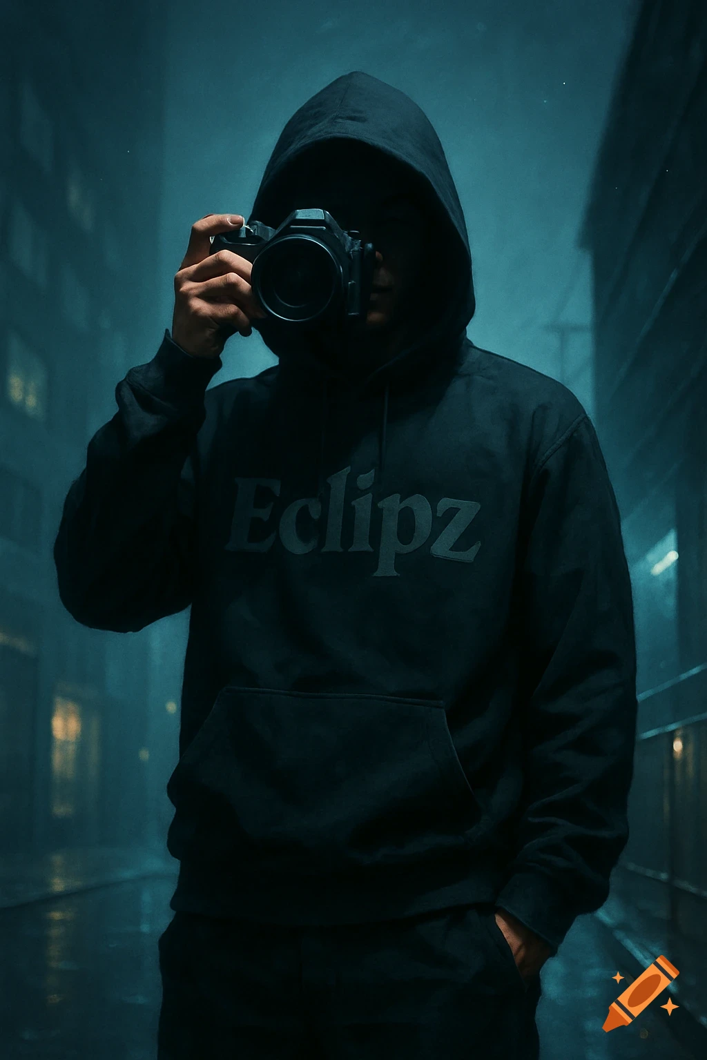 A person in a dark hoodie holds a camera to their face, with 'Eclipz' on the chest, in a moody, dimly lit urban street.