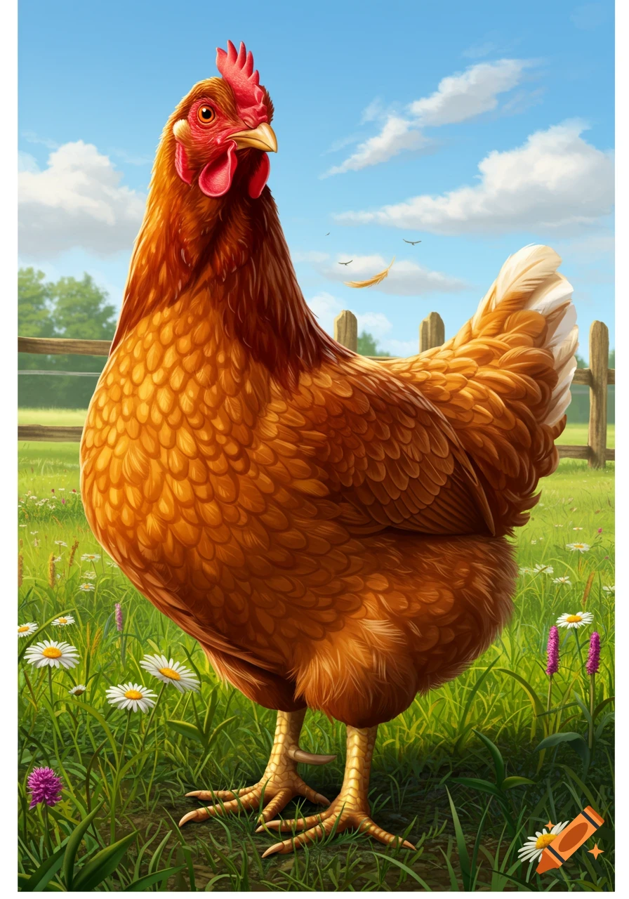 A detailed illustration of a brown chicken standing in a lush green field with daisies, a wooden fence, and blue sky.