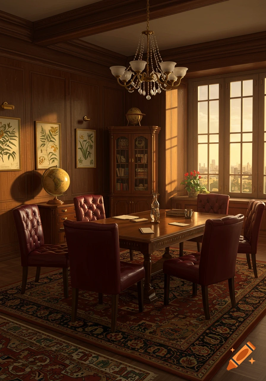 A photorealistic wood-paneled consultation room with red leather chairs, a large table, botanical prints, and a sunset cityscape view.