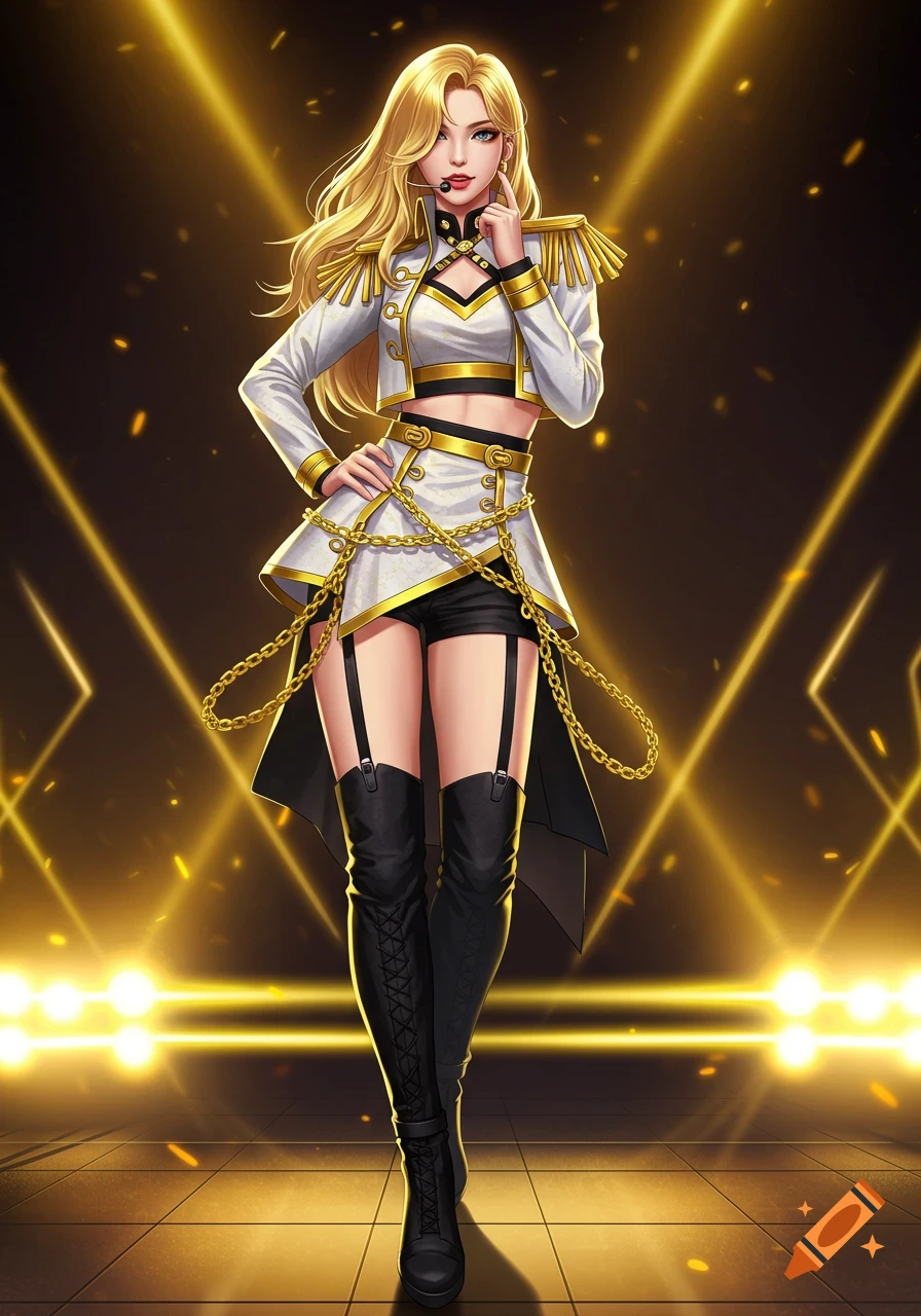 An anime-style blonde female character in a white and gold military-style outfit with black shorts and thigh-high boots on a glowing stage.